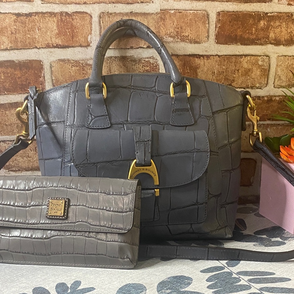 Dooney & Bourke Gray Naomi Croc-Embossed Satchel and Matching Wallet